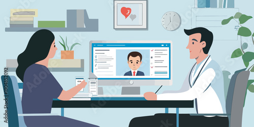 Doctor medical consultation online video call remote telemedicine patient talking to physician at home in modern medical office flat vector illustration