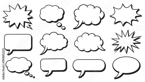 Black-and-white comic-style speech and thought bubbles in various shapes including bursts, clouds, ovals, and rectangles.