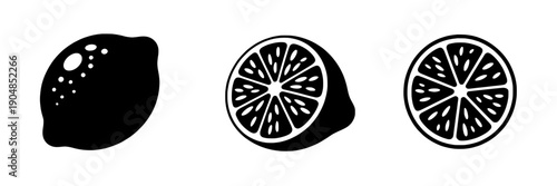 Lemon fruit icon set with whole lemon silhouette and sliced citrus cross-sections, black and white vector illustration for food labels, packaging, recipe design