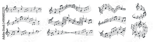 Musical notes and melody staff waves, decorative abstract line art notation, sound and rhythm illustration vector on transparent background