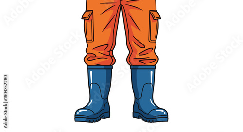 Person's legs in bright orange protective work pants and robust blue waterproof rubber boots, ready for outdoor and