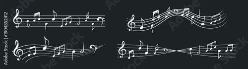 Musical notes and flowing staff lines melody set illustration on dark background