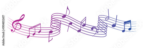 Flowing musical notes and staff melody wave vector illustration on transparent background