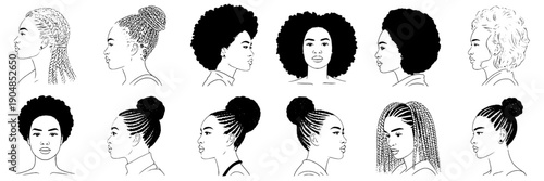 Hairstyles women afro bun ponytail and braids set in black and white line art silhouettes, diverse hair textures, front side back views for beauty salon design