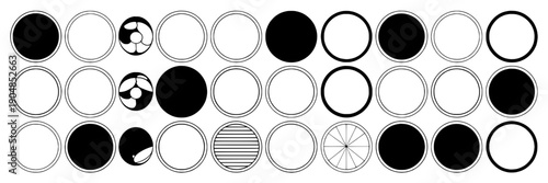 Circles hand drawn set with various patterns and styles including solid black and white circles, striped, dotted, and segmented designs featuring design, vector, illustration with graphic and