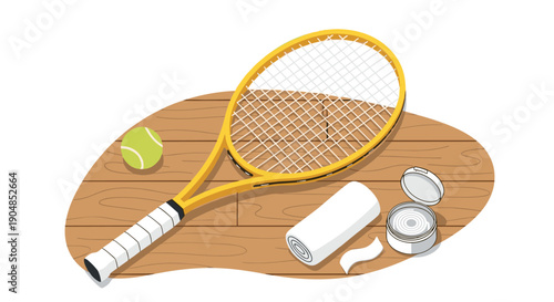Sporting essentials: a vibrant yellow tennis racket, green ball, absorbent towel, and injury prevention tape displayed