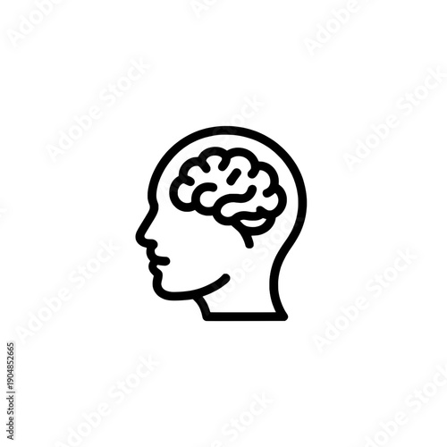 Brain icon with human profile and detailed neural structure in black and white line art style featuring mental, health, psychology with science and education elements for illustration, vector