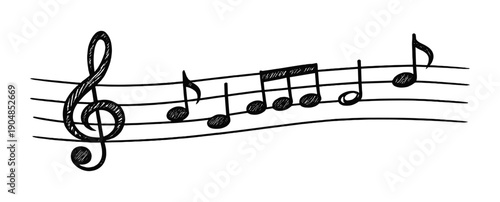 Musical notes and treble clef on staff, hand drawn sketch style vector illustration on transparent background
