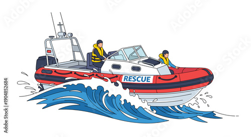 Emergency rescue team in life jackets on a speeding red inflatable boat marked 'RESCUE', actively navigating through