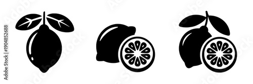 Citrus fruits set with lemon, lime, and lemon-lime combination with leaves and slices featuring black, white, vector with icon and food elements for drink, fresh projects, clean composition on simple