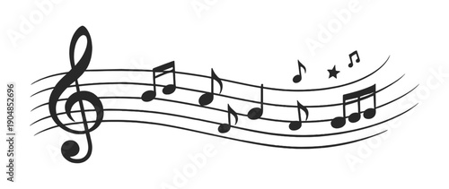 Musical notes and treble clef on staff, hand drawn sketch style vector illustration on transparent background