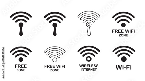 Black-and-white Wi-Fi icons with varied designs and labels including free Wi-Fi zone, wireless internet, and connectivity symbols.