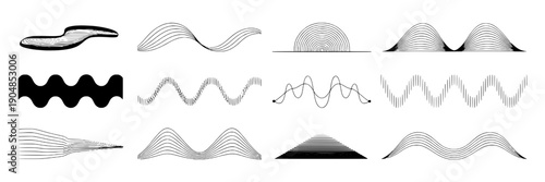 Waves abstract line art set with black wavy curves, sine patterns and layered contour shapes, minimalist vector elements for design, infographic, sound and motion graphics