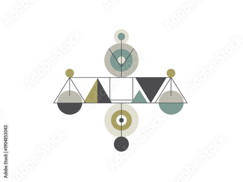 Abstract geometric composition resembling a balance scale or structure with circles and triangles