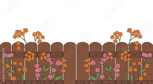 A charming wooden picket fence with an inviting open gate, beautifully decorated with blossoming orange and pink flowers