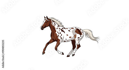Dynamic Appaloosa horse with a striking brown and white spotted coat, energetically galloping in full stride against a