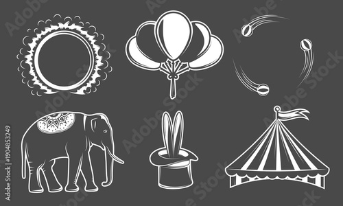 Circus icon set include a tent, balloons, elephant, juggling balls, magician hat and fire hoop isolated on black background. Design elements for carnival and circus posters. Vector illustration