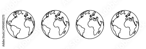 Globes set with different continents highlighted in simple black line art style featuring globe, earth, world with geography and map elements for illustration, icon projects, clean composition on
