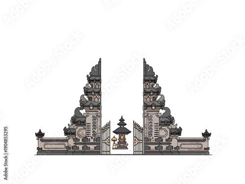 Illustration of a Balinese split gate Candi Bentar with a shrine