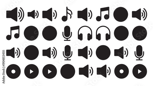 Black silhouette icons in a grid representing audio and music concepts including speakers, notes, play buttons, microphones, headphones, and compact discs.