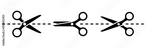Scissors cut line icon set with dashed horizontal guide, open and closed shears silhouettes for coupon clipping, crafting, editing, sewing, and print design
