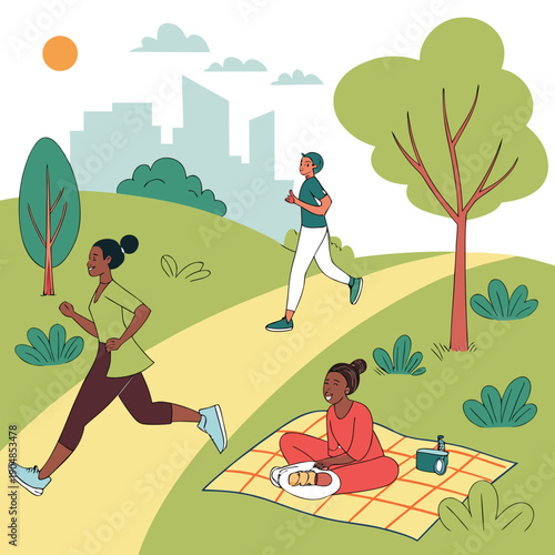 Outdoor Park Fitness and Picnic Scene