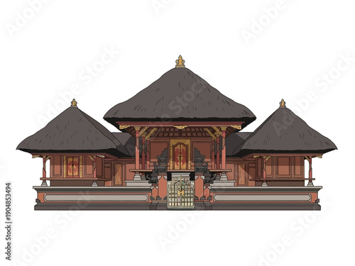 Stylized illustration of a traditional Balinese temple structure with thatched roofs