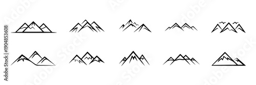 Mountains hand-drawn set with various peak styles and line art designs for illustration and design projects featuring peaks, nature, landscape with vector and black and white elements for simple,