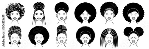 Hairstyles collection with various braids and curls in black and white line art style featuring hairdos, hair, fashion with beauty and women elements for vector, illustration projects, clean