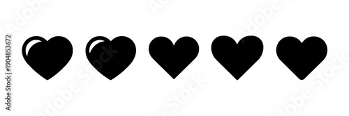 Hearts icon row with five black solid love symbols in flat minimal silhouette style, romantic rating and favorite UI elements for web, app, social media and stickers