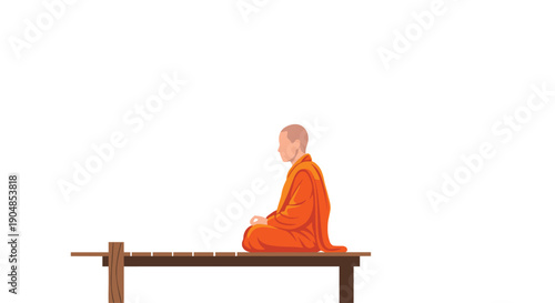 Serene Buddhist monk meditating calmly on a simple wooden bench, embodying spiritual peace and mindful introspection in