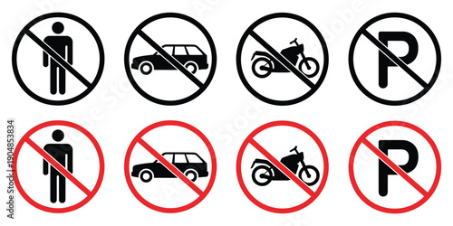 No Parking Signs prohibition icons showing no car entry, red circle warning, and road safety symbols for transportation and civic design