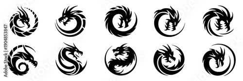 Dragons circular logo set with intricate black and white designs and swirling patterns featuring mythical, creatures, symbols with art and vector elements for icons, fantasy projects, clean