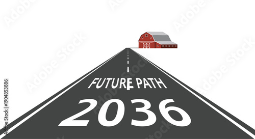 Long perspective road with 'FUTURE PATH 2036' text, leading towards a red barn, symbolizing clear long-term goals and
