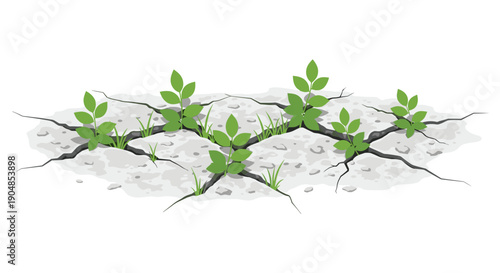 Resilient green plants pushing through cracked dry ground, symbolizing new life, perseverance, and overcoming adversity.