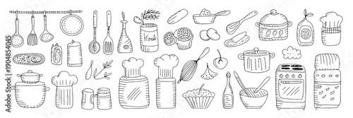 Kitchen utensils and appliances set with pots, pans, and cooking tools illustrated in black and white featuring illustration, sketch, kitchenware with chef and culinary elements for food preparation