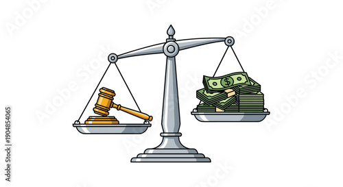 Silver scales balancing a judge's gavel against stacks of currency, symbolizing the financial weight of legal decisions