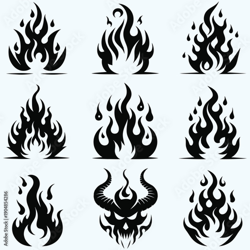 Stylized Fire Flame Shapes Set for Automotive Decal and Branding
