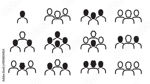 "Minimal icons of diverse people in group arrangements"