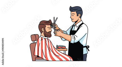 Skilled barber meticulously trimming a man's beard and hair in a classic barbershop chair, providing a professional