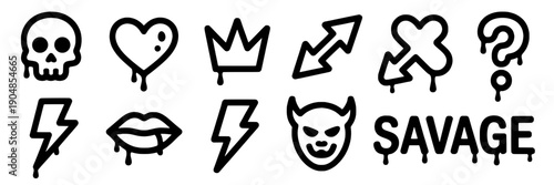 Symbols doodle drawn set with black line art and grunge scrawls including skull, heart, crown, lightning, lips, question mark, and devil featuring icons, illustration, design with vector and savage