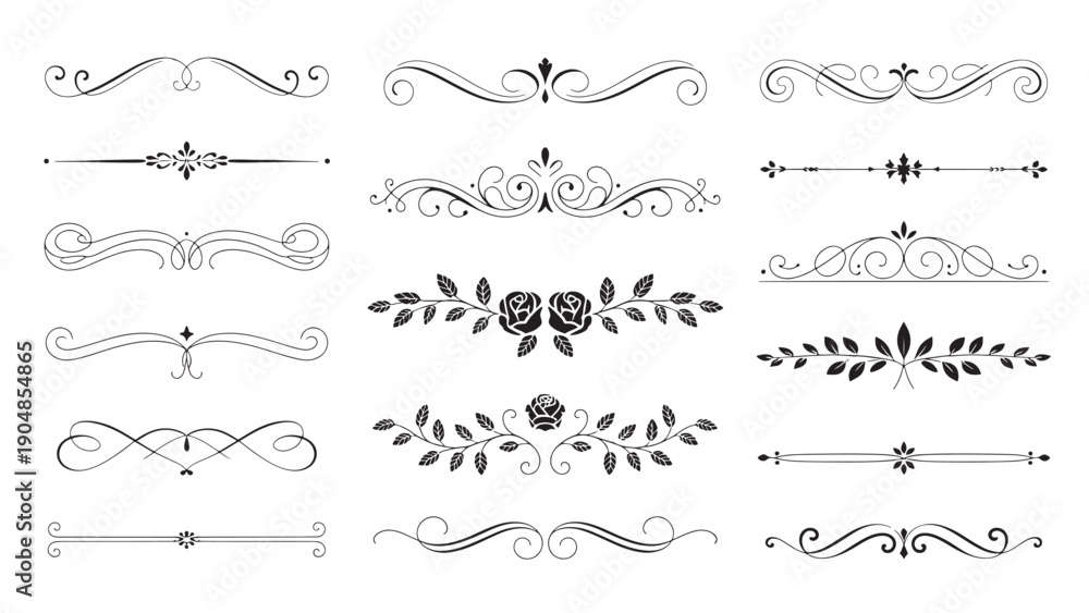 Obraz premium Set of 16 black-and-white ornamental dividers with floral and swirl motifs.