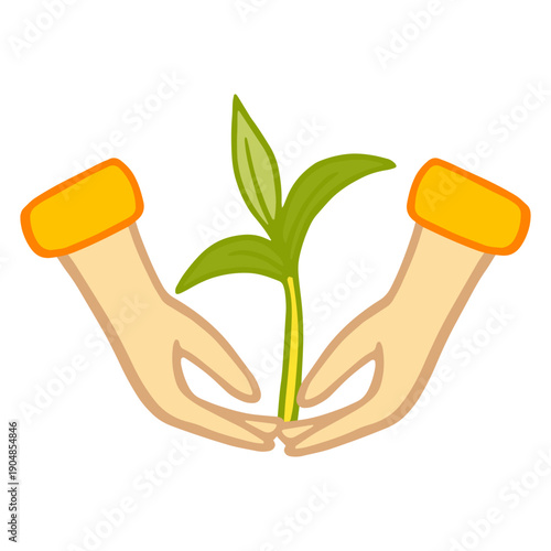 Vector illustration of a hand holding a sprout. Concept of care and concern for nature. Основные RGB
