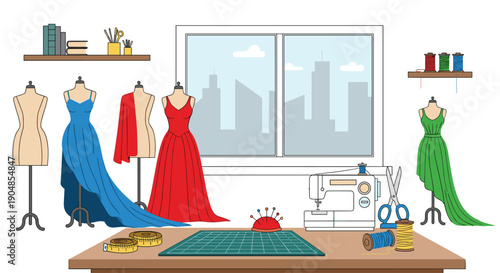 Professional tailoring workshop featuring elegant dresses on mannequins, equipped with a sewing machine and design