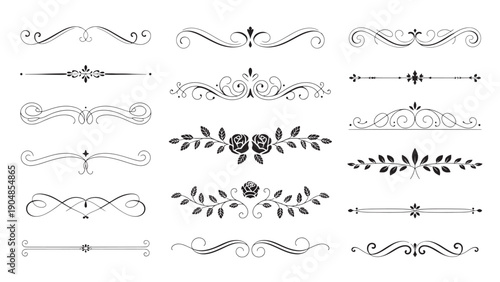 Set of 16 black-and-white ornamental dividers with floral and swirl motifs.