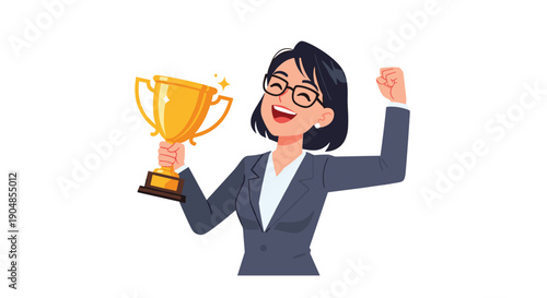 Enthusiastic businesswoman in glasses joyfully raising a gleaming golden trophy, celebrating personal achievement and