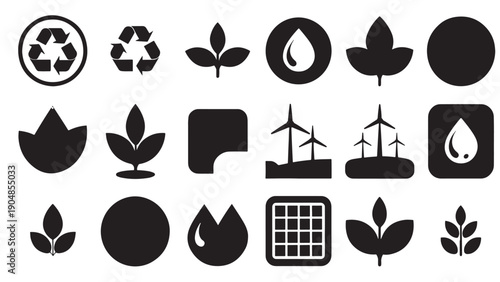 Set of 20 black-and-white icons representing environmental and sustainability concepts.