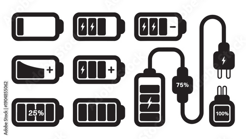 Set of 11 black-and-white line icons representing battery charge levels and charging states.