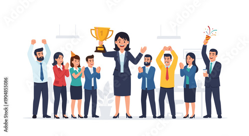 A diverse business team enthusiastically celebrates a major corporate achievement, with a leading businesswoman proudly