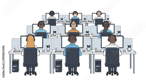 Organized call center with numerous customer service representatives wearing headsets, diligently working at individual